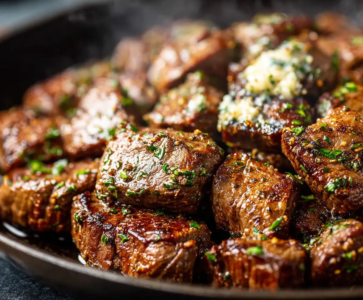 Juicy garlic butter steak sizzling on a hot grill, garnished with fresh herbs for a flavorful meal.