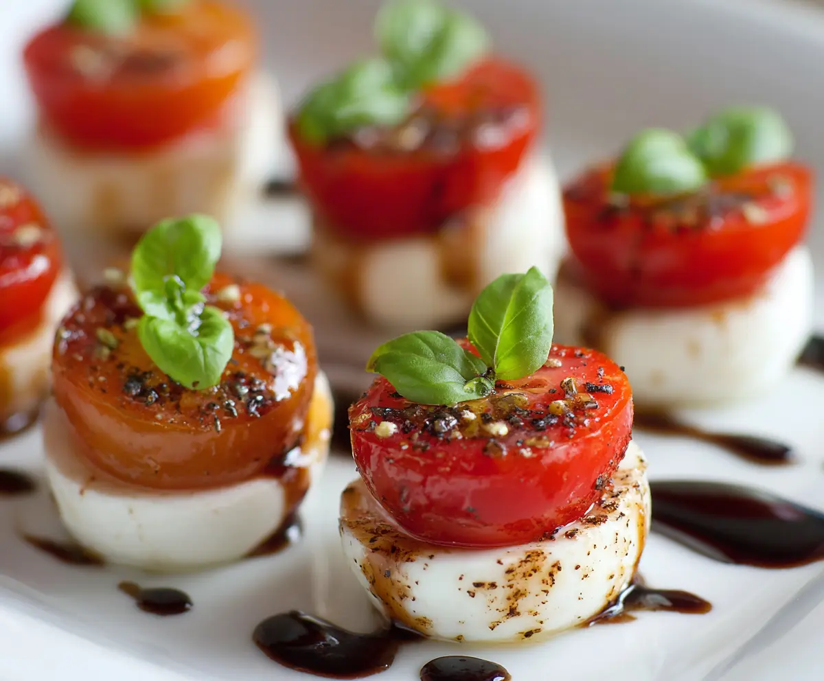 Mini Caprese Bites with cherry tomatoes, fresh mozzarella, and basil on skewers, perfect as an easy appetizer.