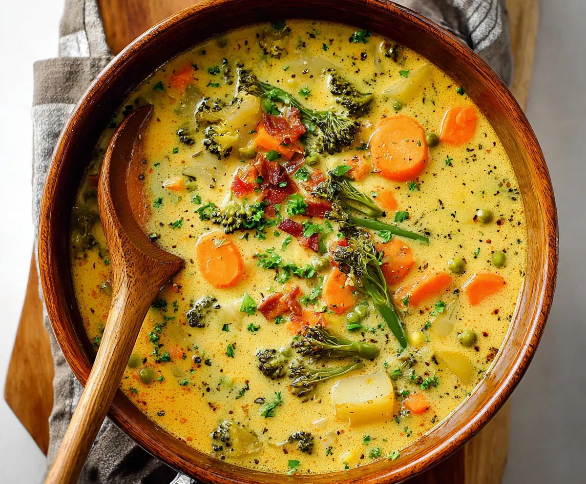 Hearty one-pot creamy vegetable soup with carrots, celery, and potatoes in a bowl.