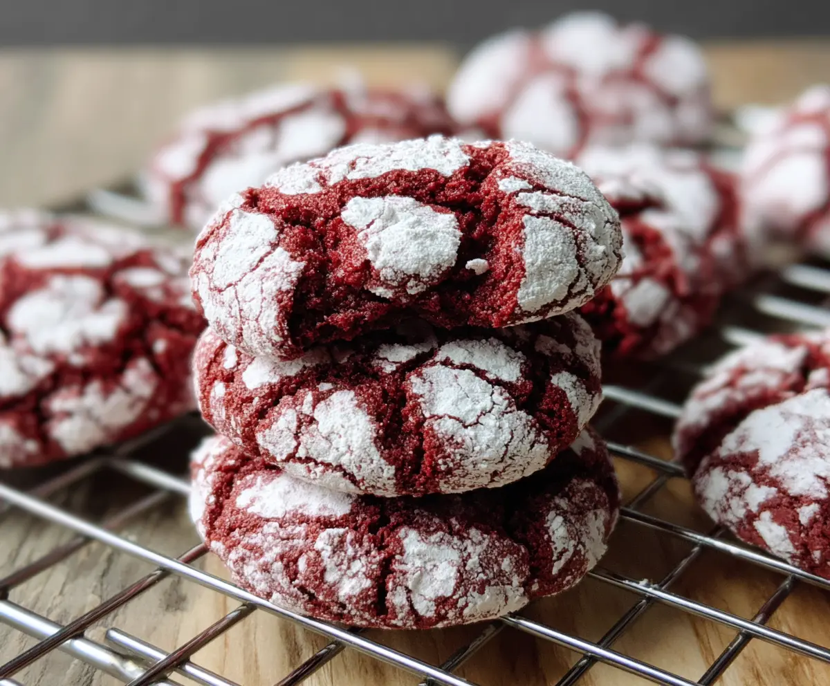 Delicious Red Velvet Crinkle Cookies with powdered sugar and vibrant red color on a festive plate.