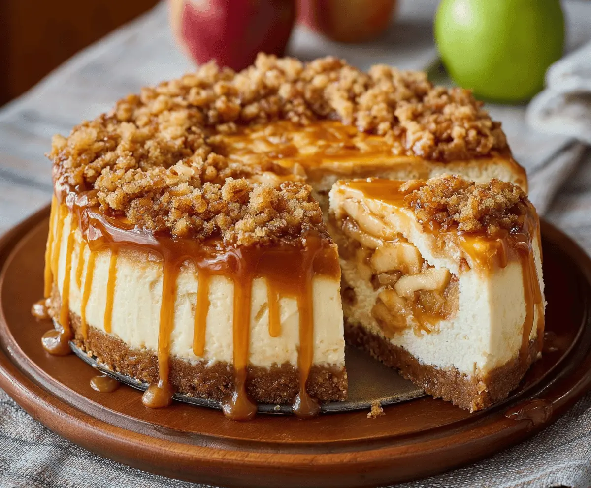 Delicious salted caramel apple pie cheesecake with golden crust and caramel drizzle