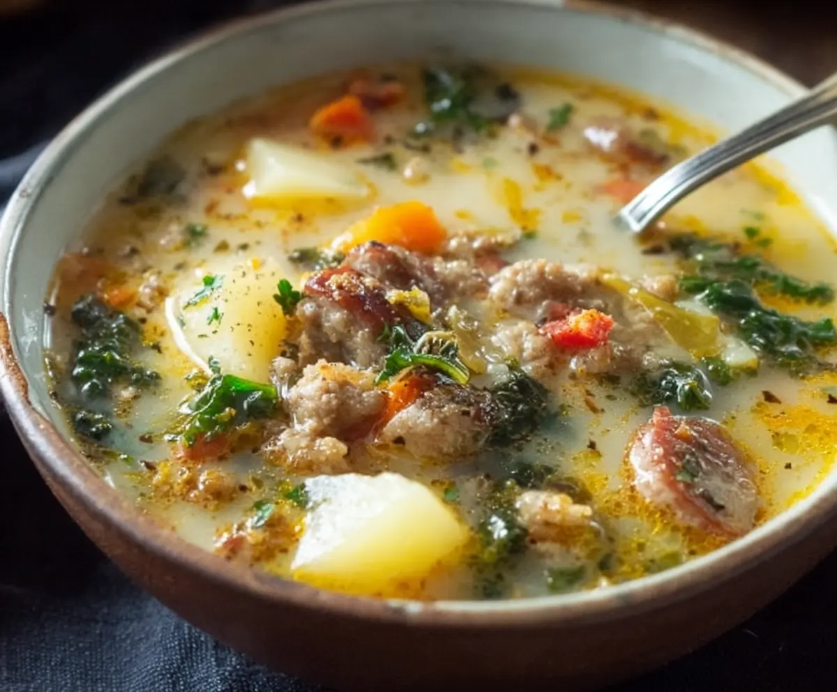 Hearty sausage, potato, and kale soup in a bowl, perfect for cold days.
