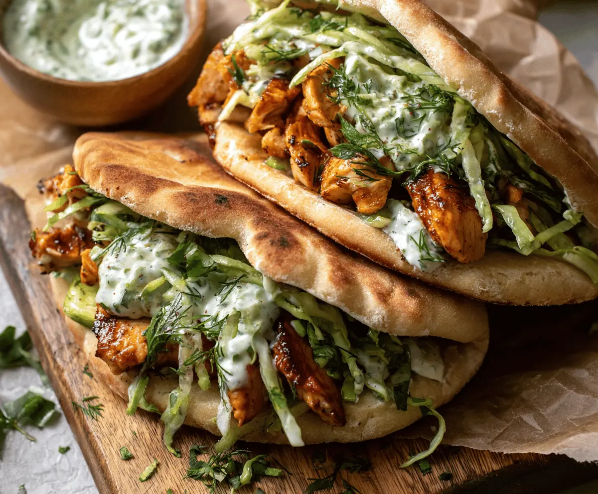 Delicious Sheet Pan Chicken Pitas topped with fresh herbs and creamy ranch dressing.