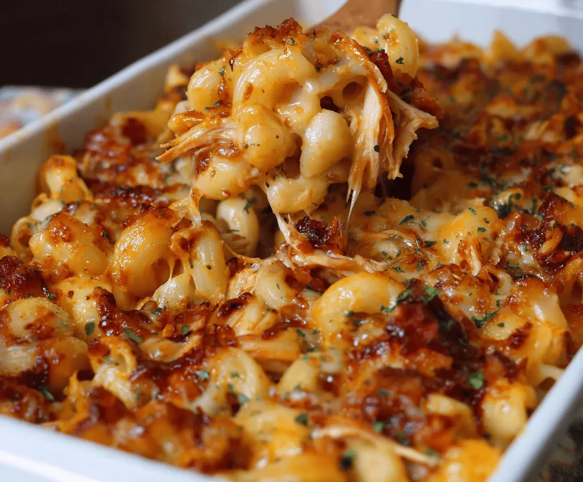 Delicious shredded BBQ chicken mac and cheese with melted cheese and tender chicken in a savory dish.