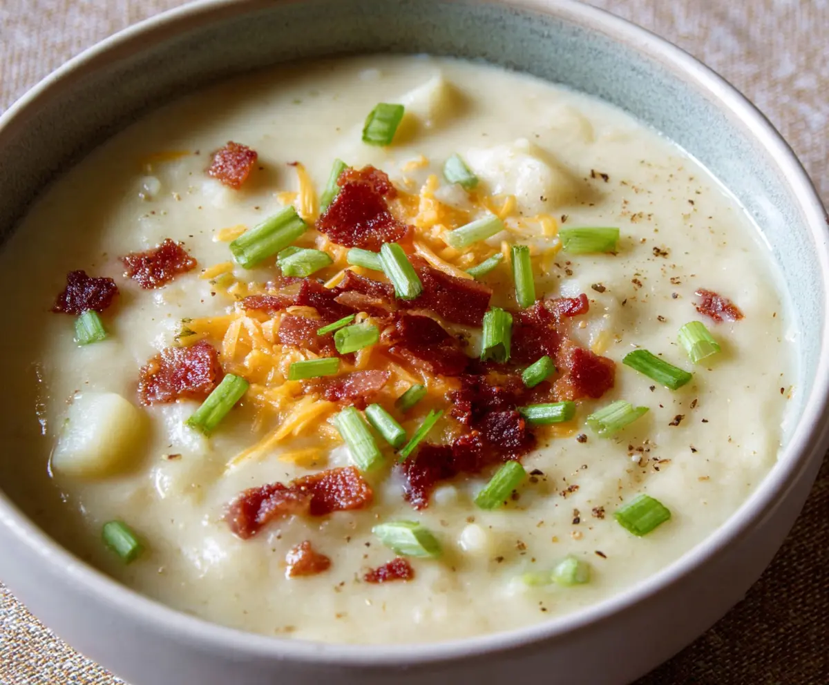 Delicious creamy slow cooker potato soup garnished with herbs in a bowl.