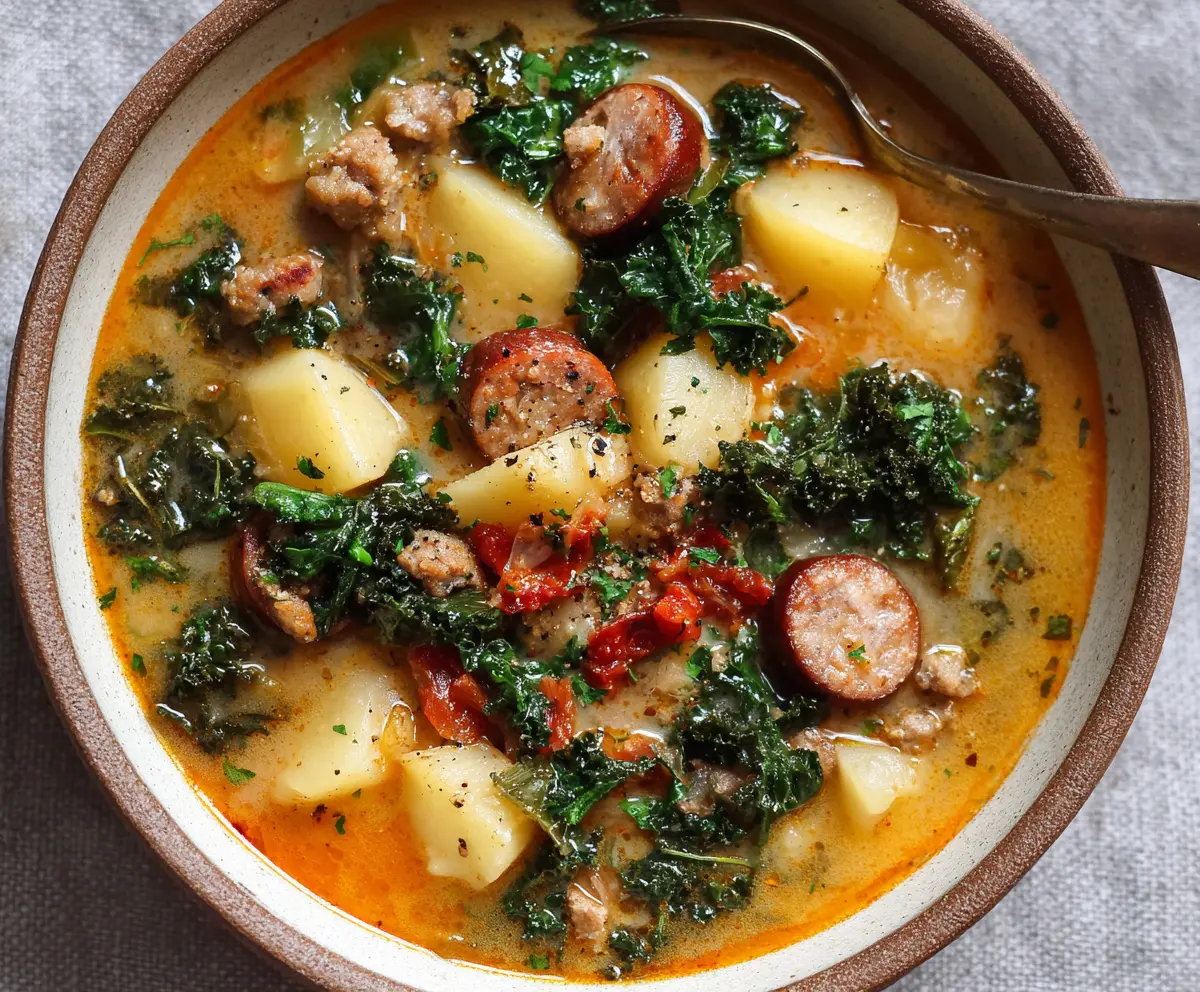 Delicious smoky sausage, potato, and kale soup served in a bowl, perfect for a hearty meal.