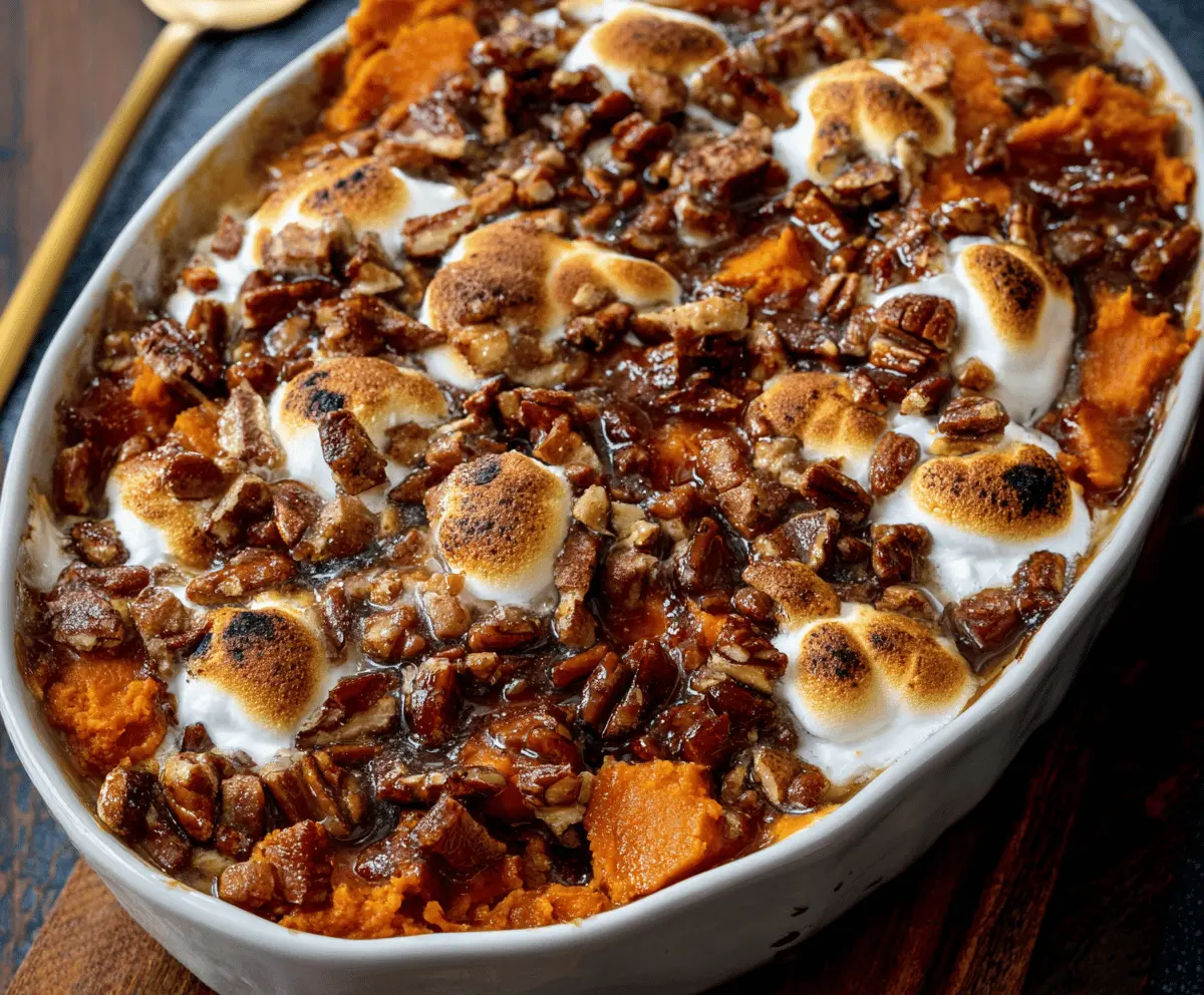 Delicious Southern Maple Sweet Potato Casserole topped with marshmallows for a festive holiday side dish.