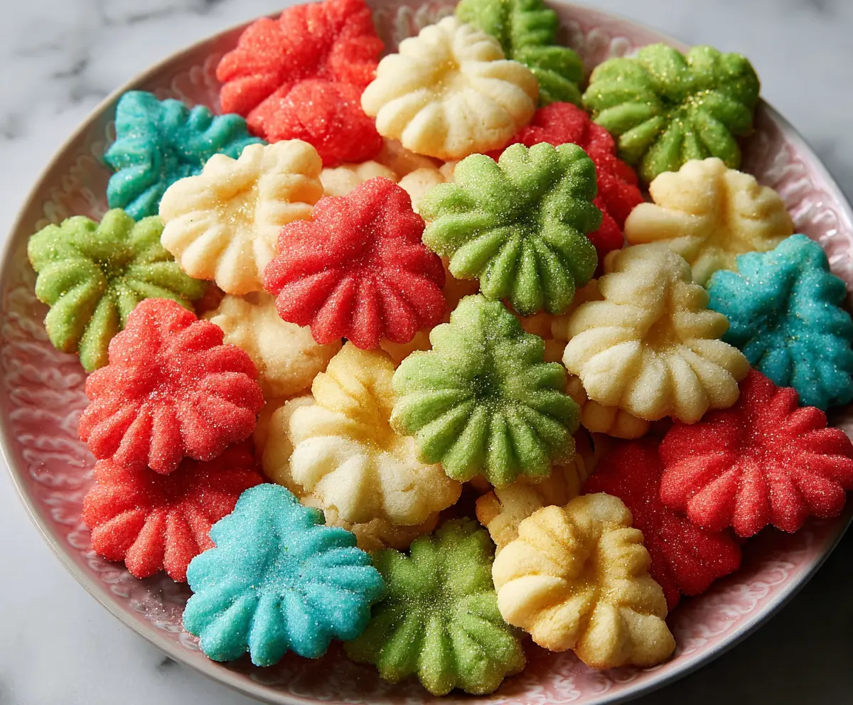 Delicious homemade spritz cookies on a baking sheet, perfect for holiday treats.