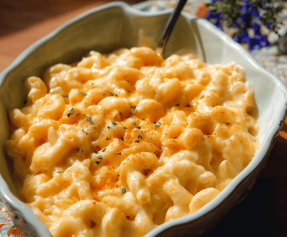 Creamy stovetop Gouda mac and cheese served in a white bowl, perfect comfort food.
