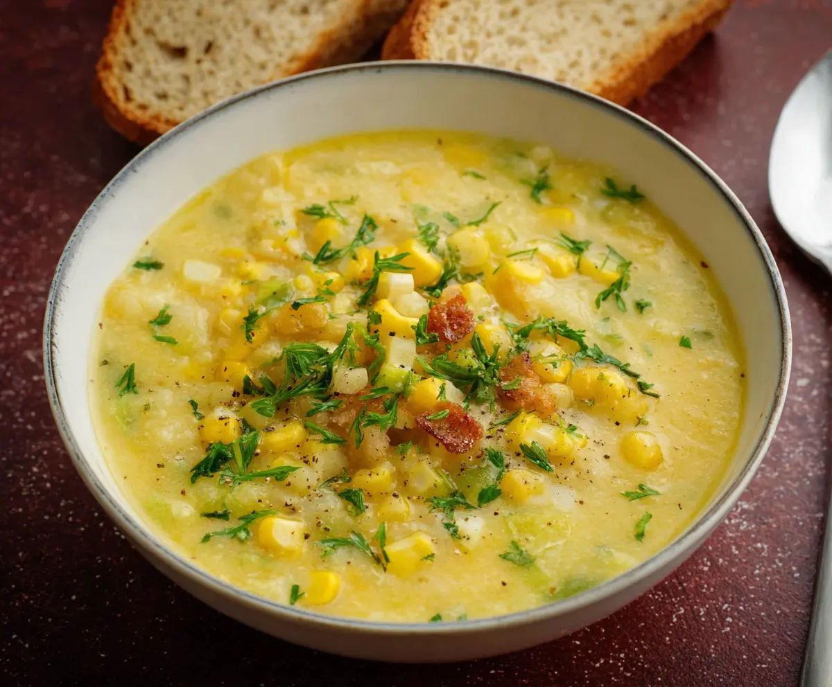Creamy sweetcorn chowder served in a bowl, garnished with fresh herbs.