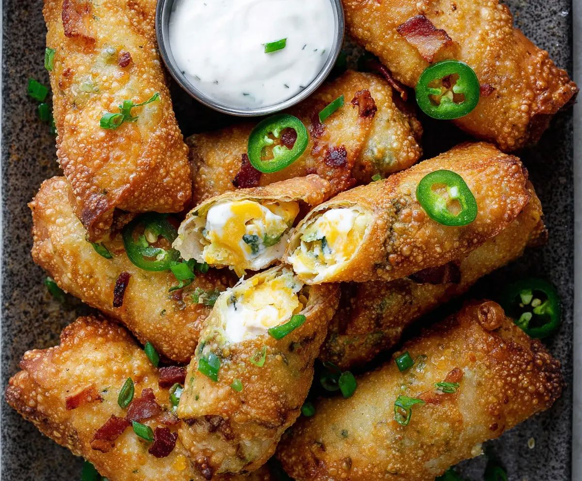 Crispy mini jalapeno popper egg rolls filled with cheesy jalapenos served on a white plate.