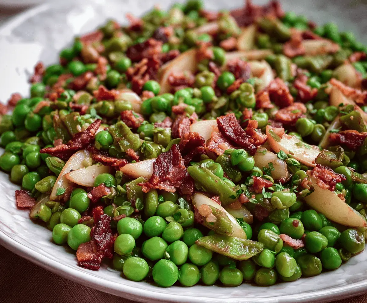 Delicious Thanksgiving Peas with Pears and Pancetta, a festive vegetable side dish.