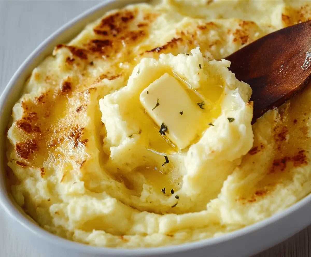 Creamy baked mashed potatoes topped with melted cheese and fresh herbs, perfect for comfort food lovers.