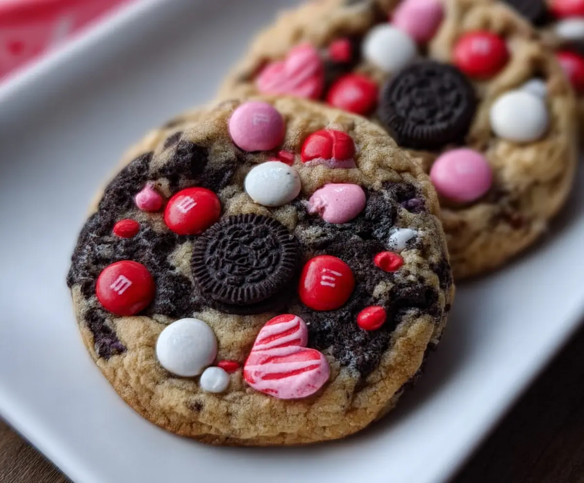 Valentine's Day themed Oreo and M&M's cookies perfect for romantic celebrations.