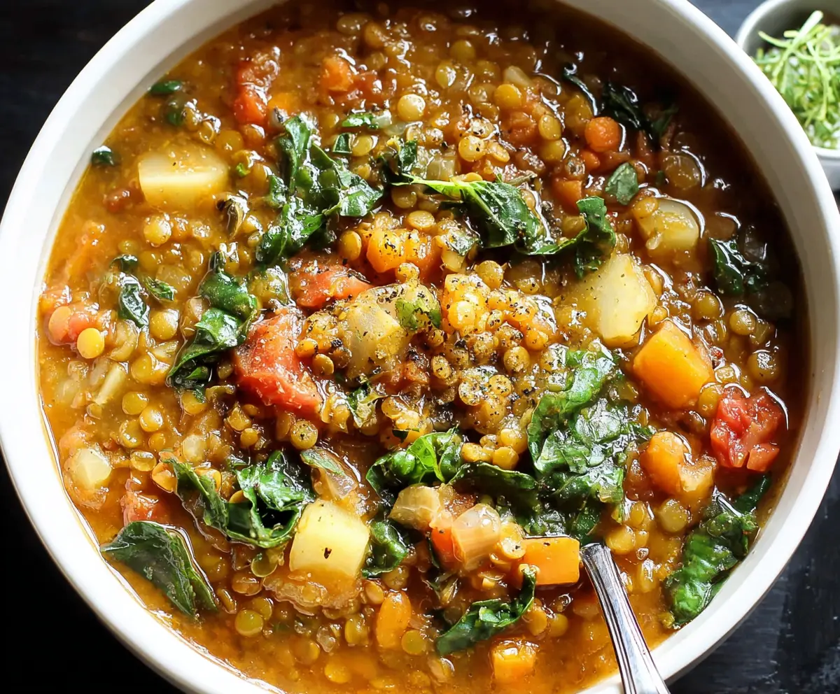 Hearty warm lentil soup in a bowl, garnished with fresh herbs, perfect for a comforting meal.
