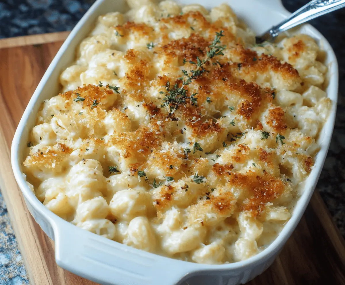 Creamy white truffle mac and cheese topped with Parmesan cheese in a white bowl.