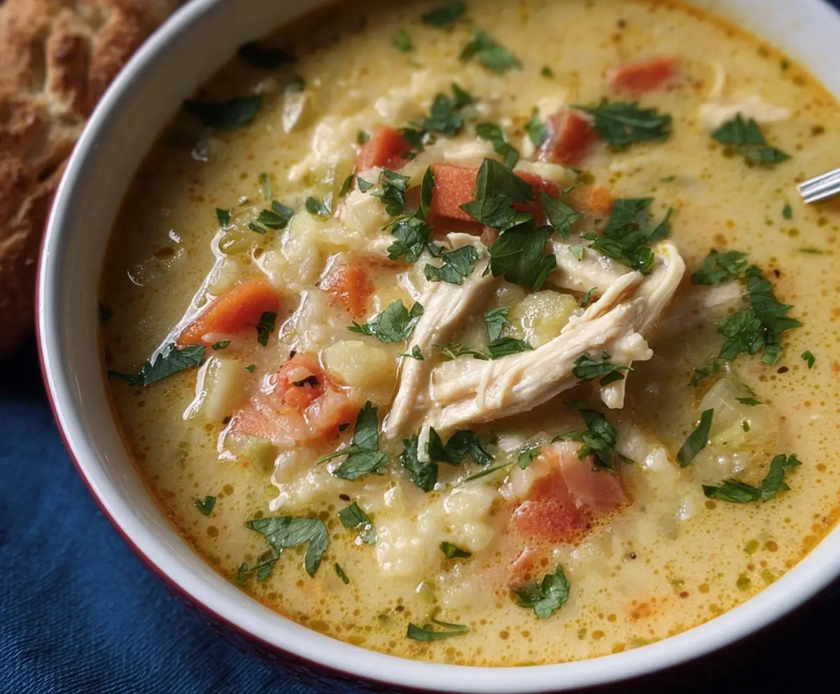 A bowl of 30-minute cauliflower chicken soup with fresh herbs and creamy broth.