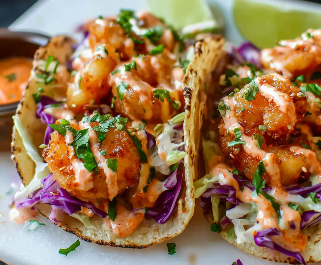 Crispy Air Fryer Bang Bang Shrimp Tacos with fresh toppings and sauce