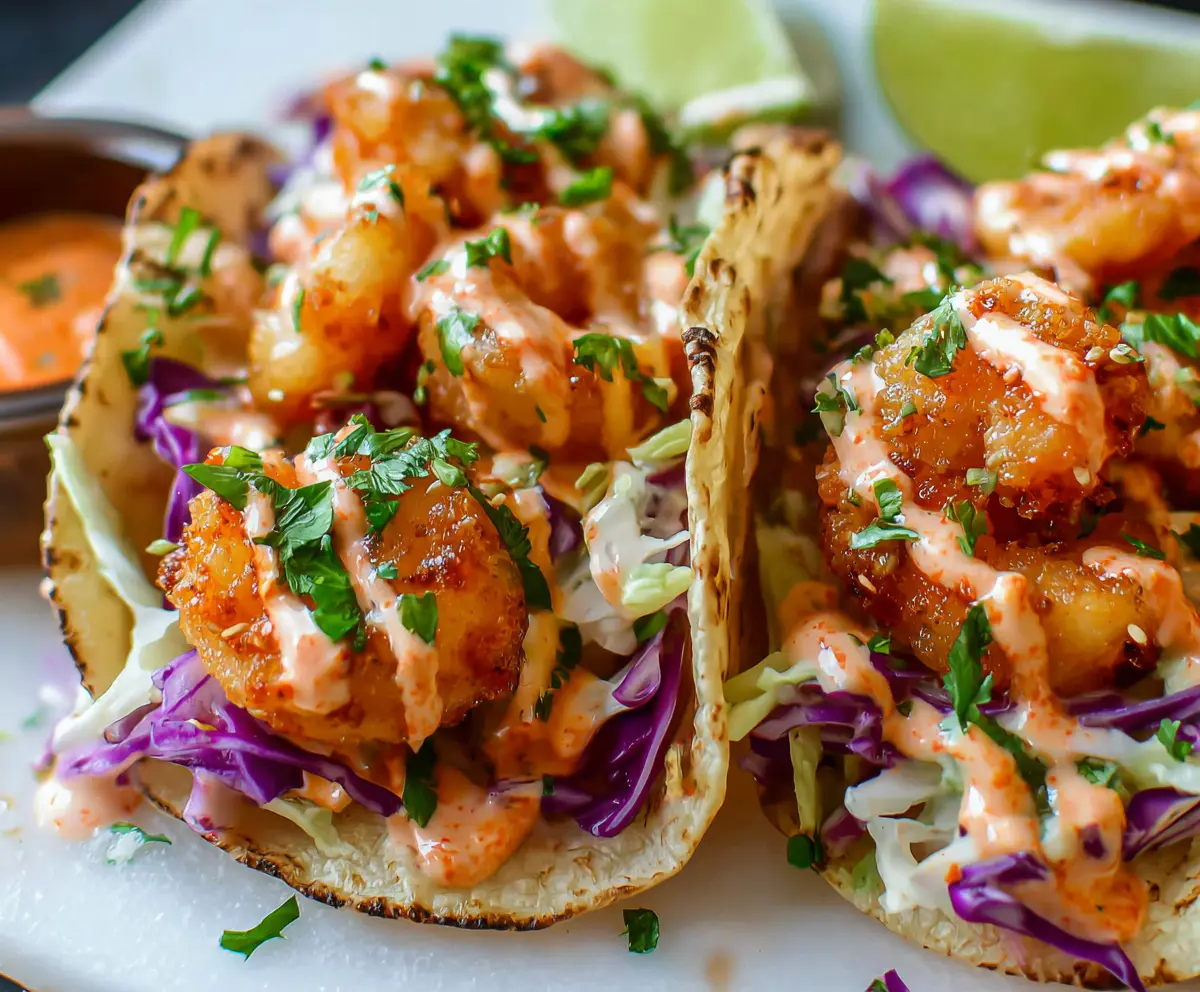 Crispy Air Fryer Bang Bang Shrimp Tacos with fresh toppings and sauce