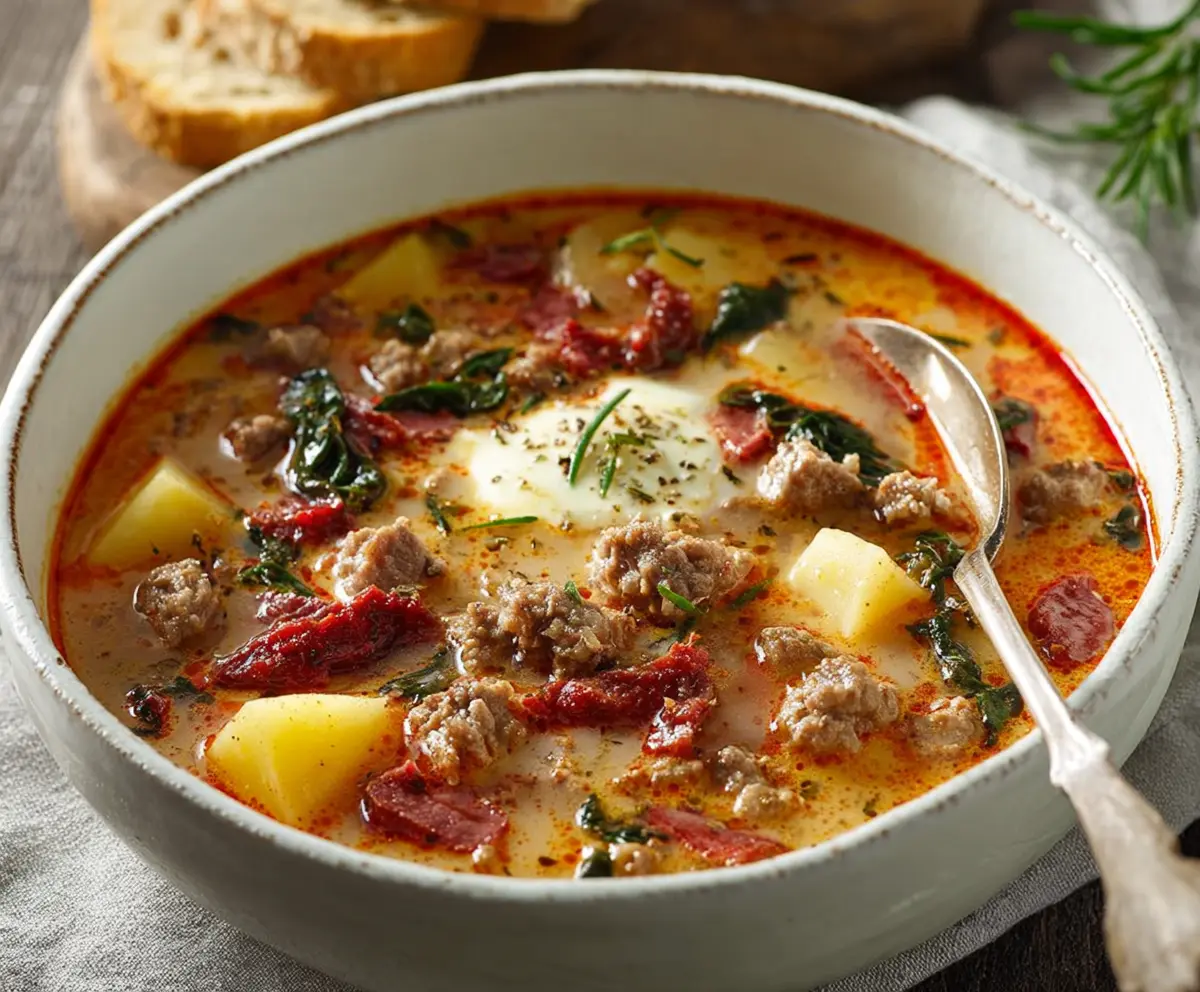 Bowl of authentic Tuscan Zuppa featuring fresh vegetables and herbs.