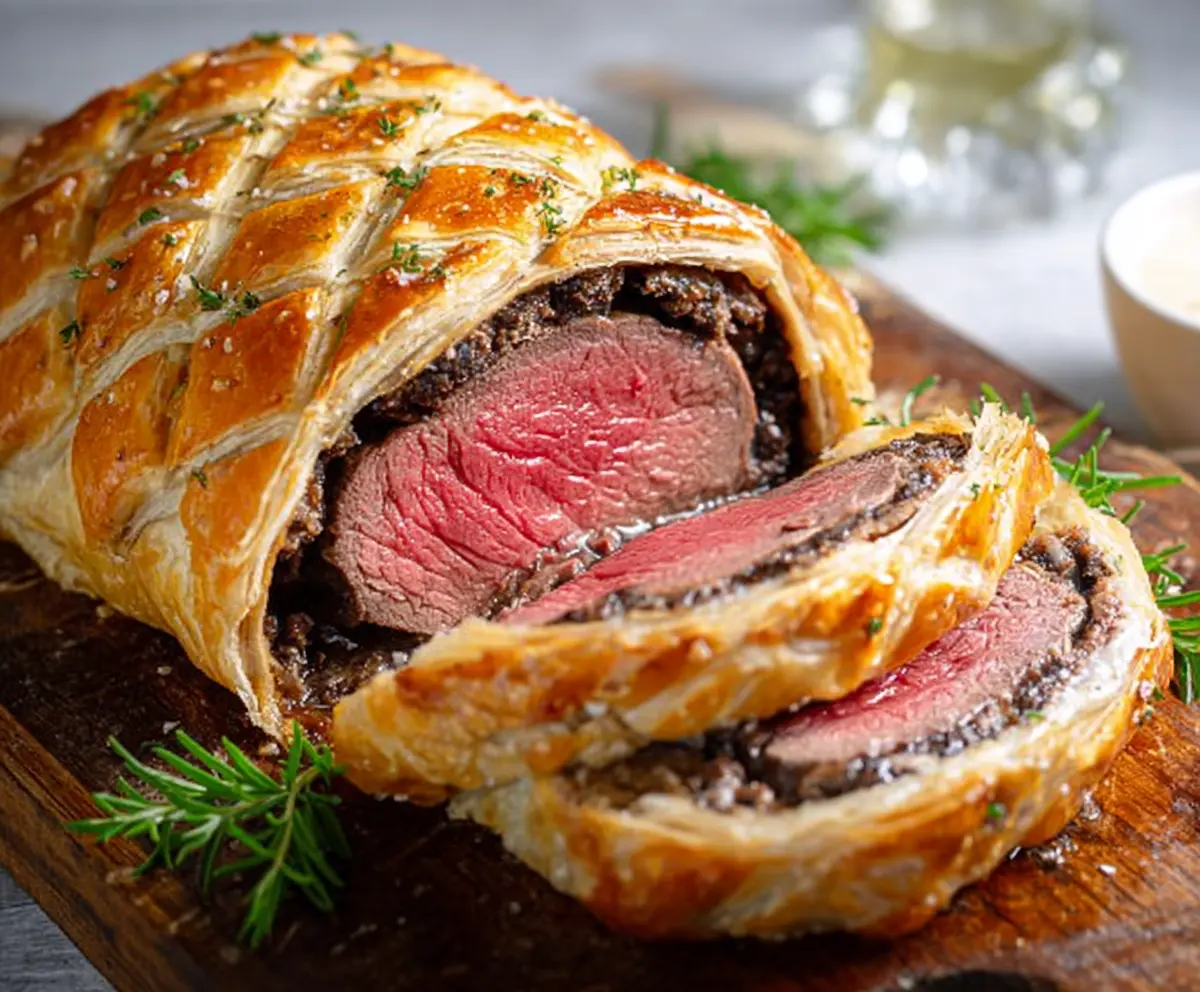 Delicious Beef Wellington with golden puff pastry and savory beef fillet inside.