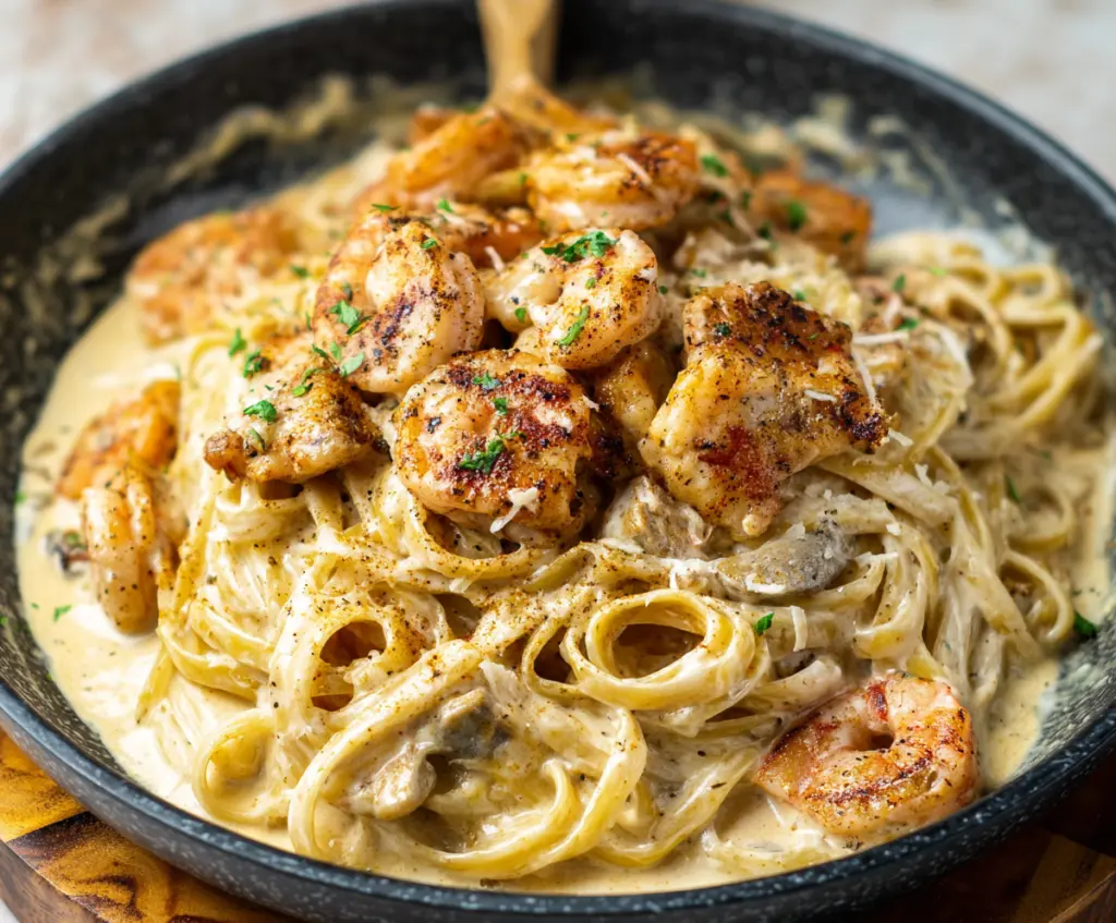 Delicious Cajun Chicken and Shrimp Alfredo on a plate with creamy sauce and fresh herbs