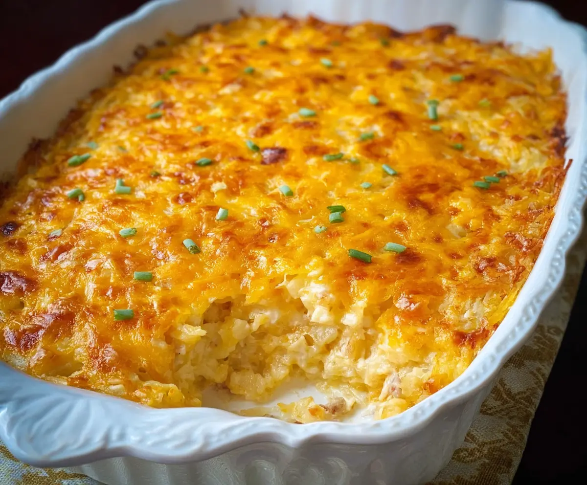 Delicious cheesy hashbrown casserole with crispy topping, perfect for brunch or family dinner.