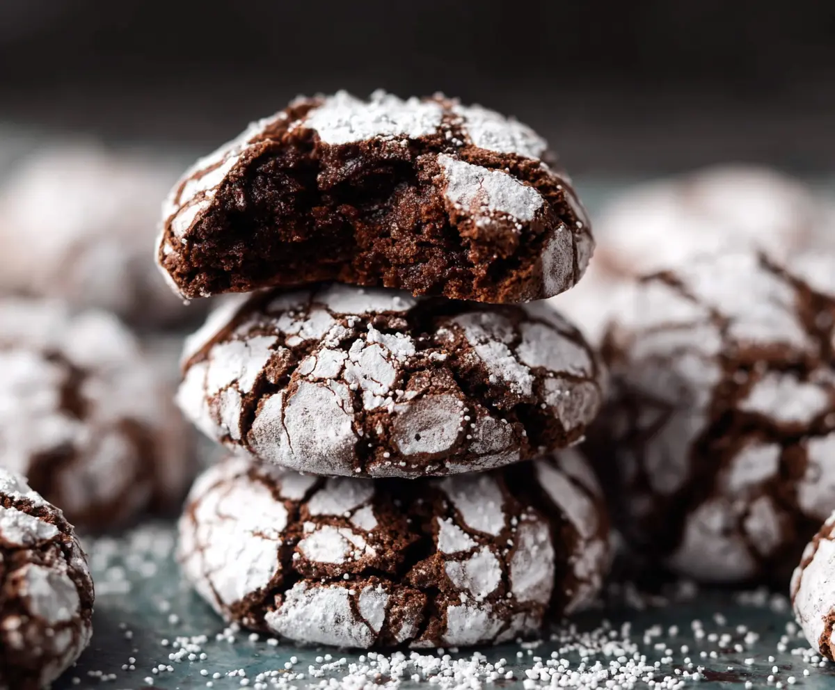 Delicious homemade chocolate crinkle cookies with a powdered sugar coating.
