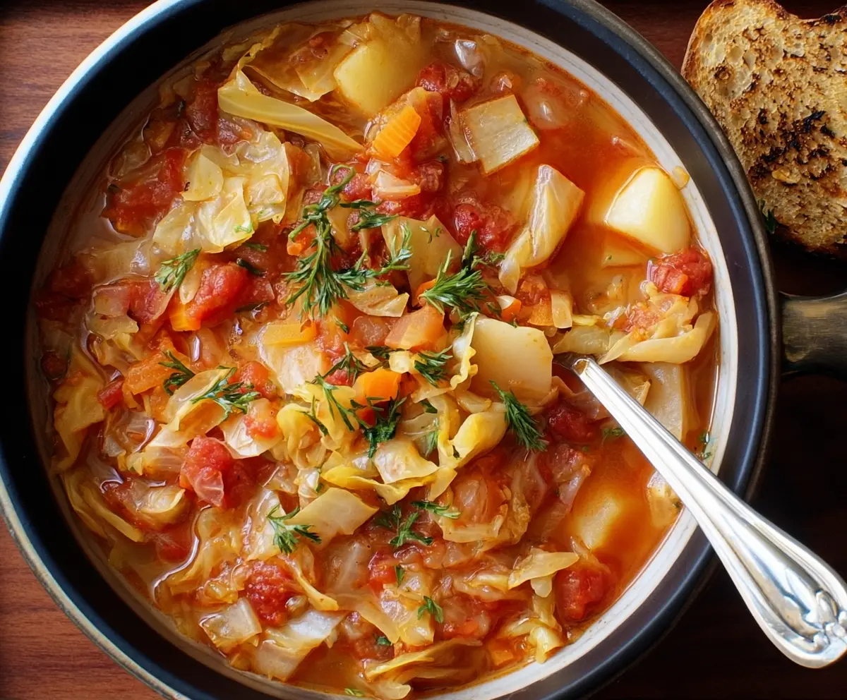Delicious classic cabbage soup in a bowl with fresh vegetables and herbs