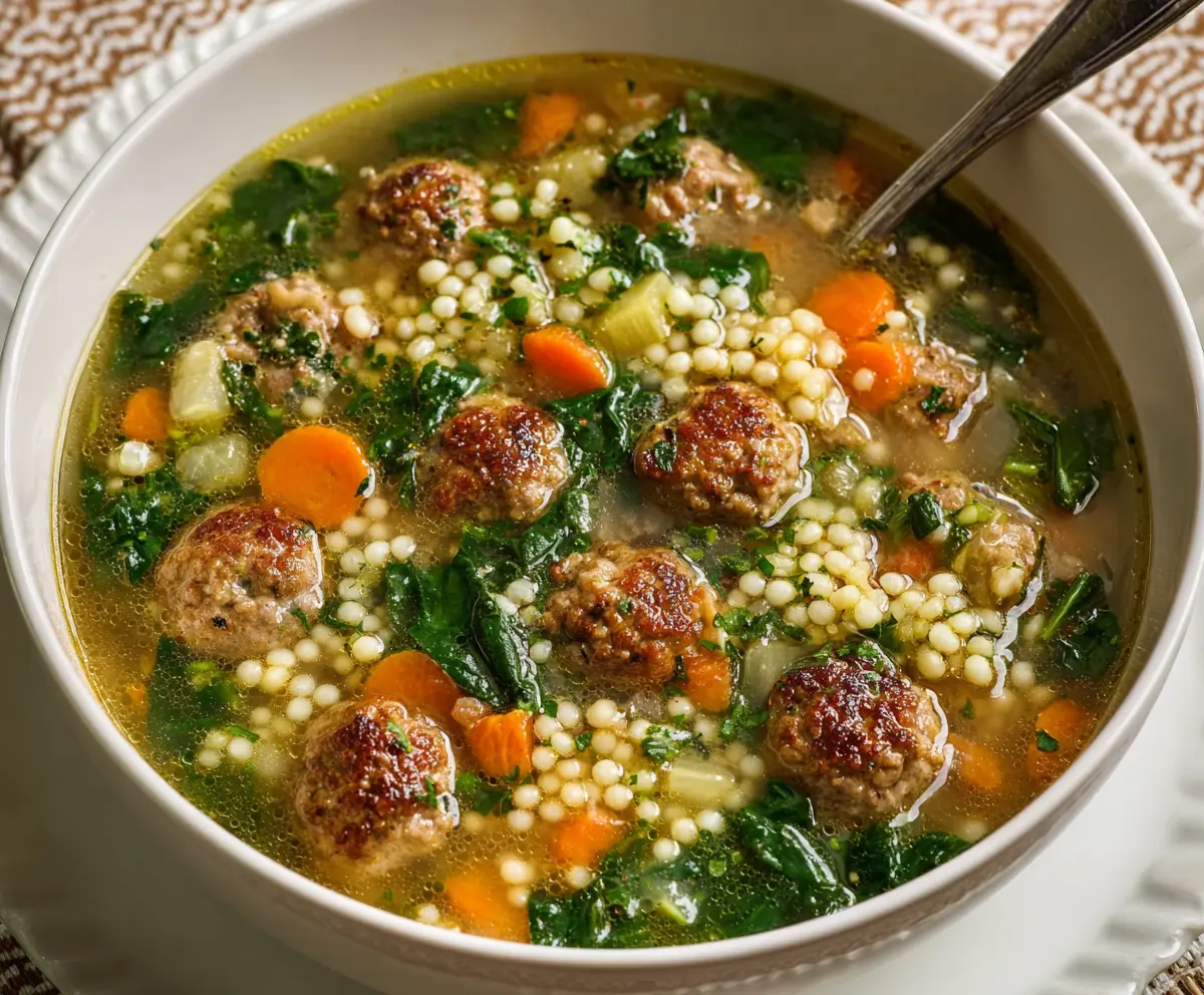 Bowl of classic Italian Wedding Soup with vegetables, meatballs, and spinach in a clear broth.