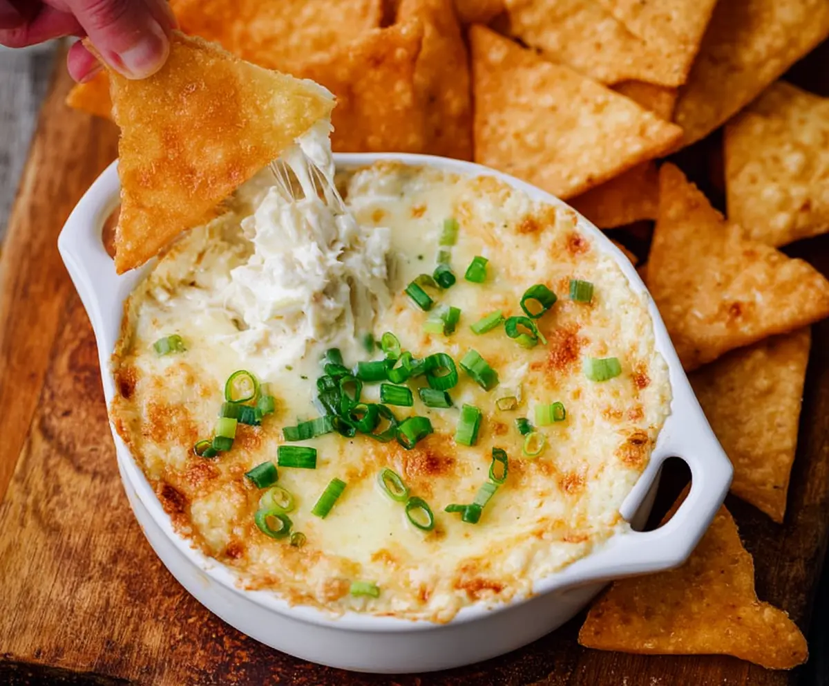 Creamy Crab Rangoon Dip in a bowl garnished with chopped green onions, perfect for appetizers and parties.