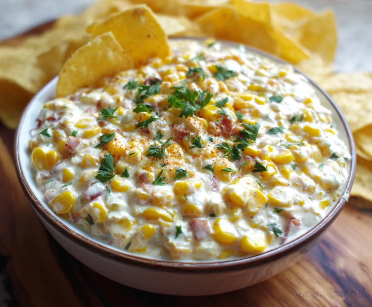Delicious creamy corn dip served in a bowl with fresh herbs for a flavorful appetizer.
