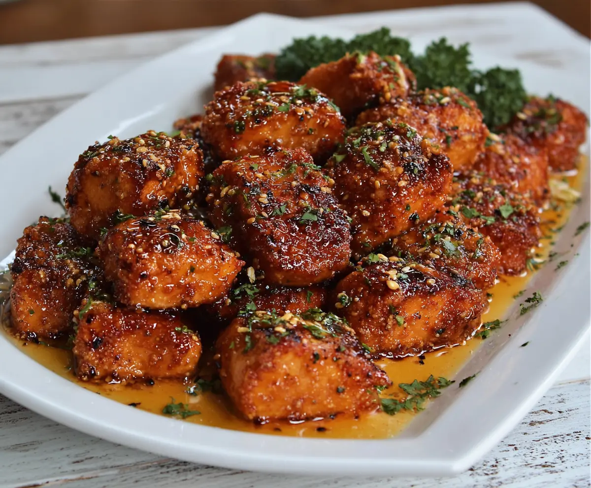 Delicious crispy honey garlic salmon bites served on a plate with fresh herbs.