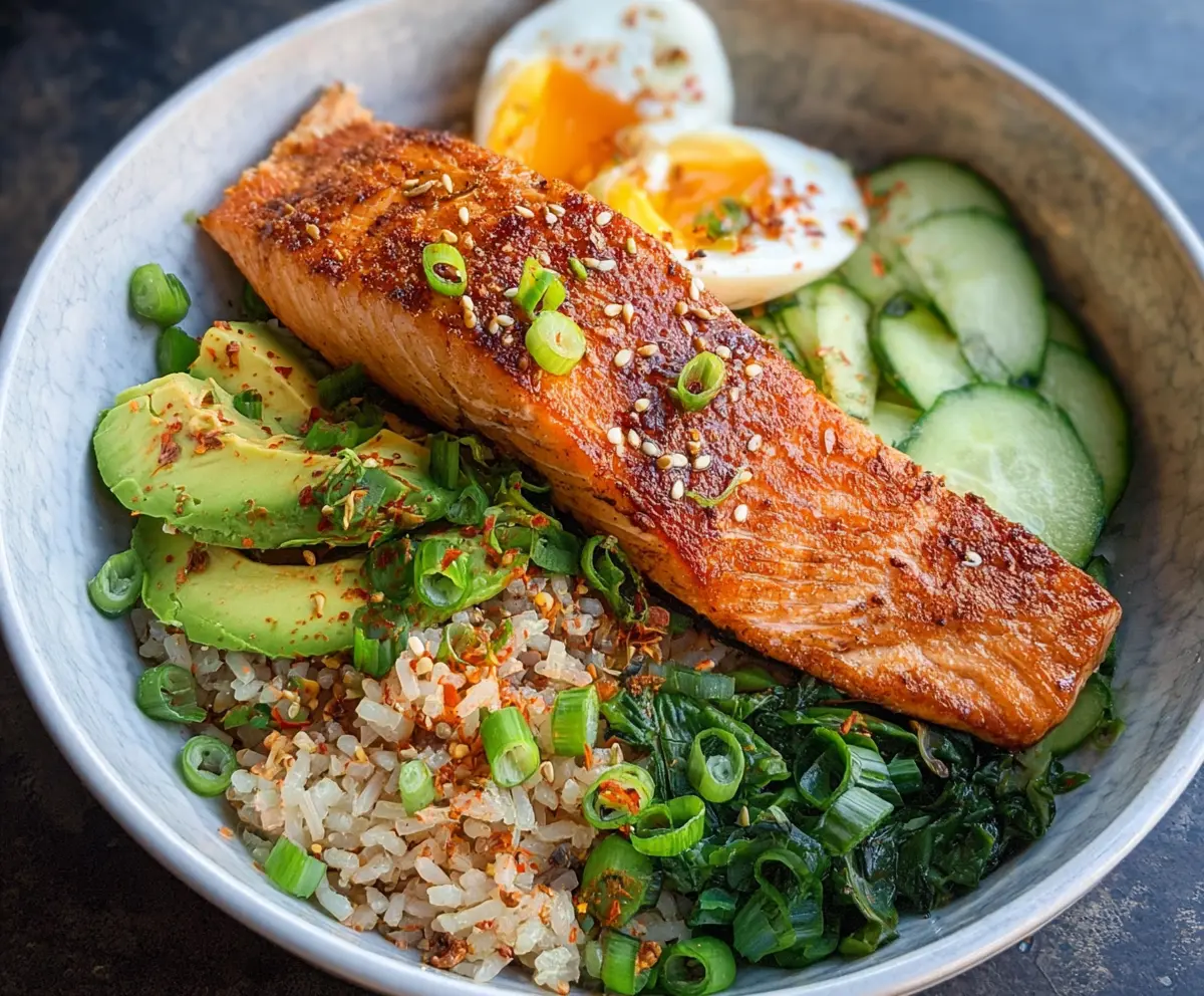 Delicious crispy salmon served over a fresh rice bowl with vibrant vegetables.