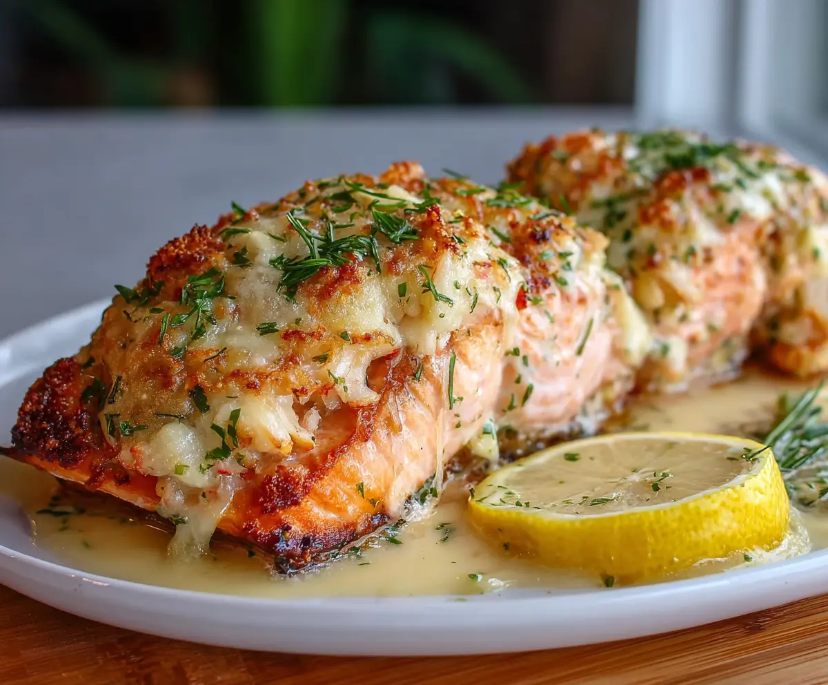 Gourmet crab and shrimp stuffed salmon fillet garnished with herbs on a stylish serving plate