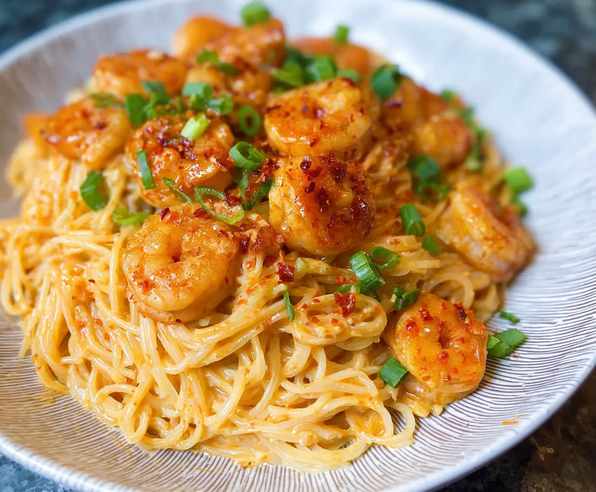 Creamy Bang Bang Shrimp Pasta dish with crispy shrimp and spicy sauce.
