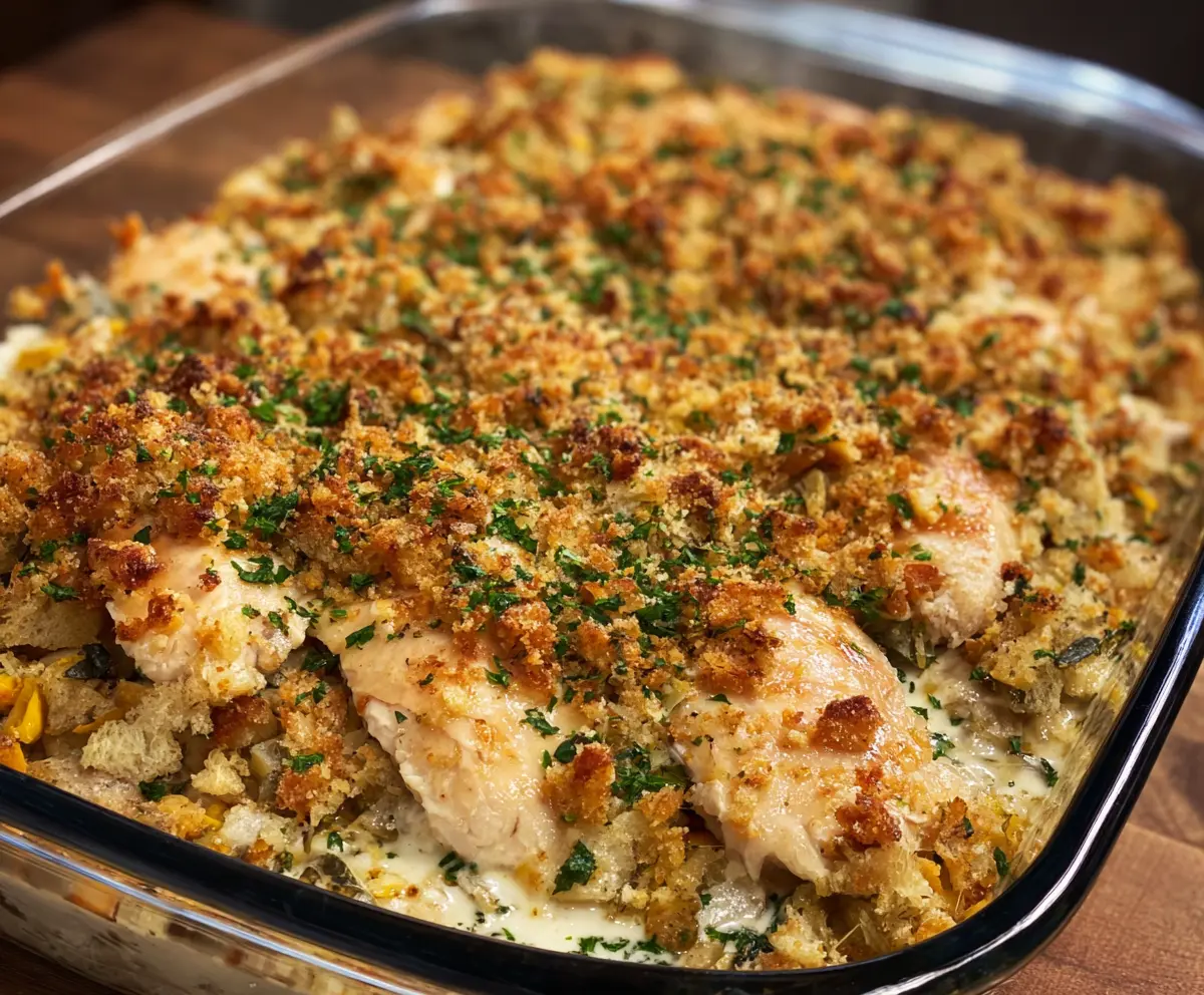 Delicious Easy Chicken and Stuffing Bake served on a plate
