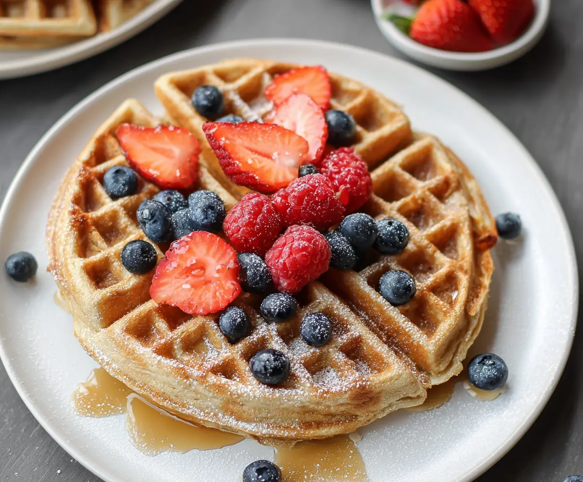 Delicious easy-to-make healthy protein waffles topped with fresh fruit, highlighting a high-protein breakfast option with 45 grams of protein.