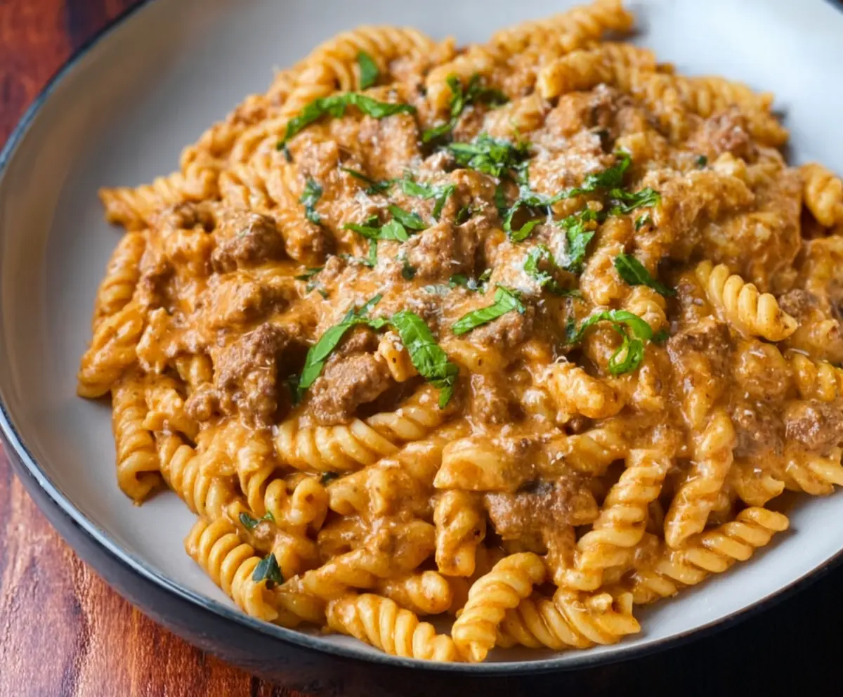 Creamy high-protein beef pasta served on a white plate with fresh herbs, perfect for a flavorful and nutritious meal.