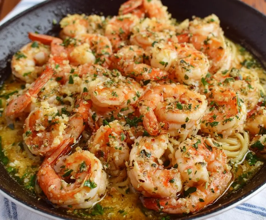 Delicious Easy Red Lobster Shrimp Scampi served on a plate with lemon wedges and fresh parsley.
