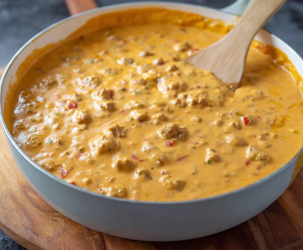 Creamy Rotel dip with sausage served in a bowl, perfect for party snacking.