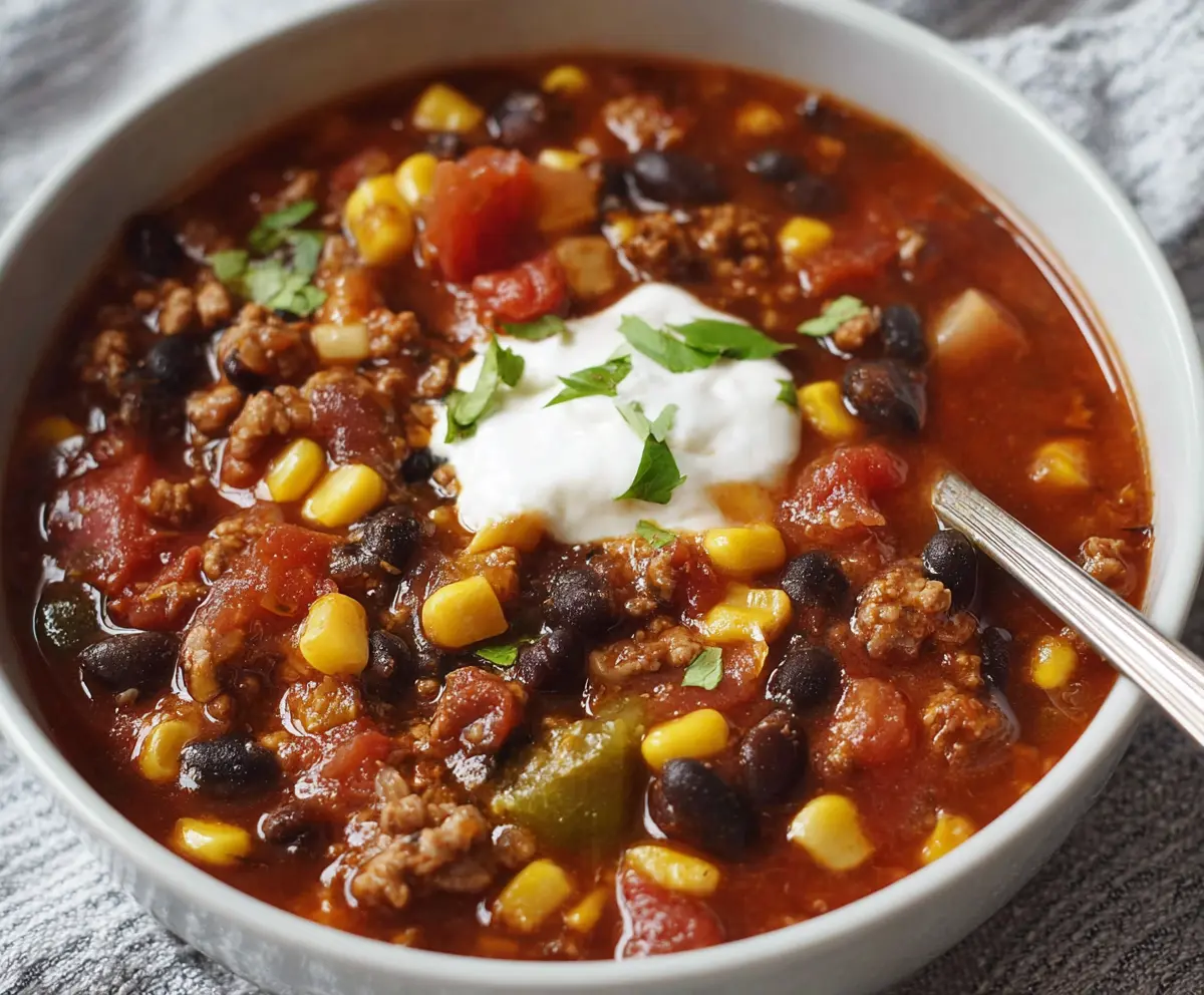 Delicious Easy Taco Soup in a bowl with colorful toppings and fresh ingredients.