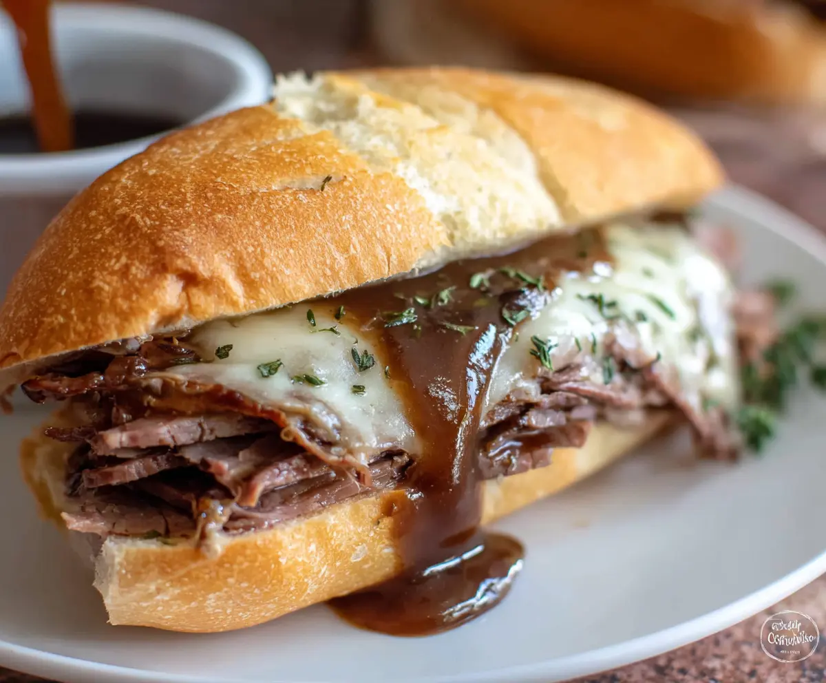 Delicious French Dip Sandwich Melt with tender roast beef, melted cheese, and toasted bread on a plate.