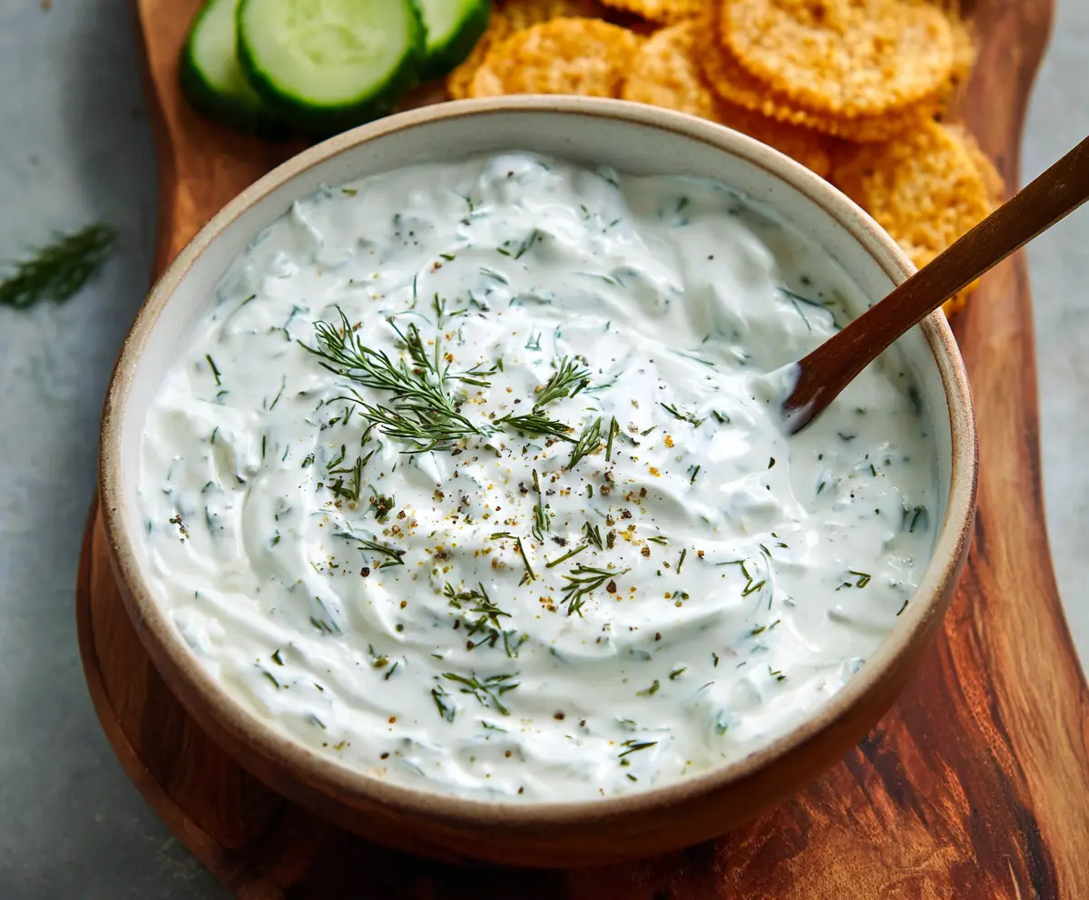 Creamy Greek Yogurt Ranch Dip served with fresh vegetable sticks for a healthy snack.