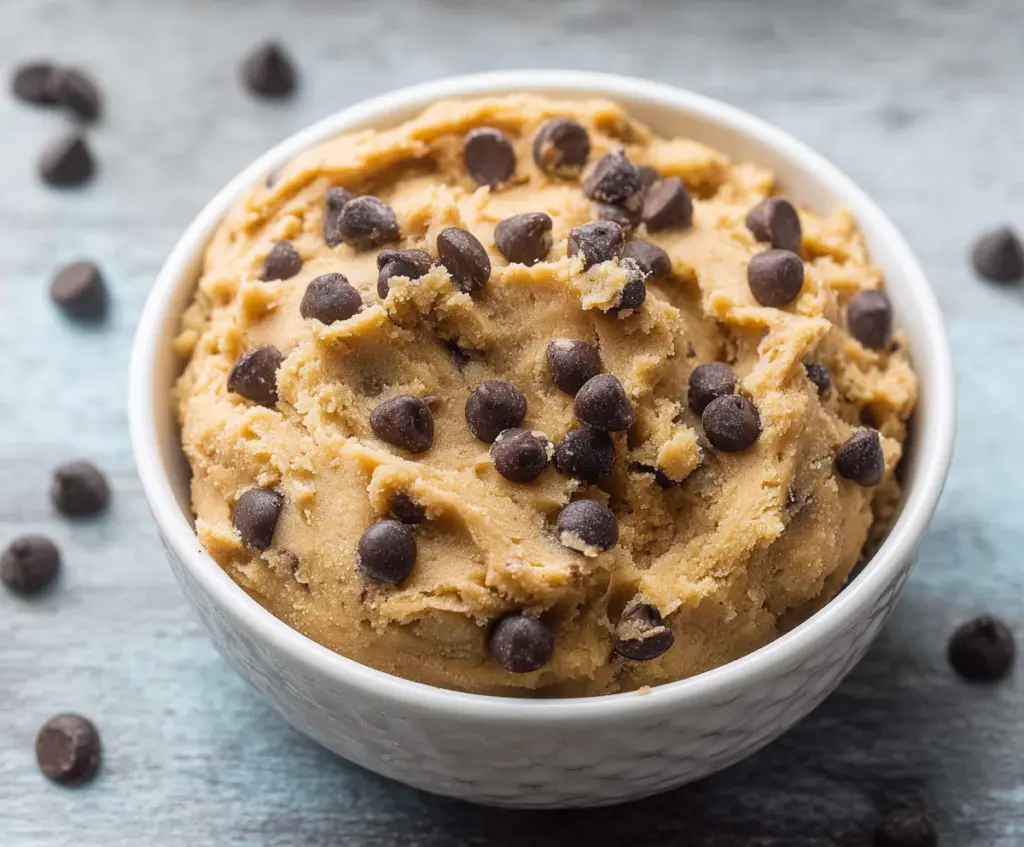 Healthy cookie dough in a bowl with natural ingredients for a guilt-free treat.