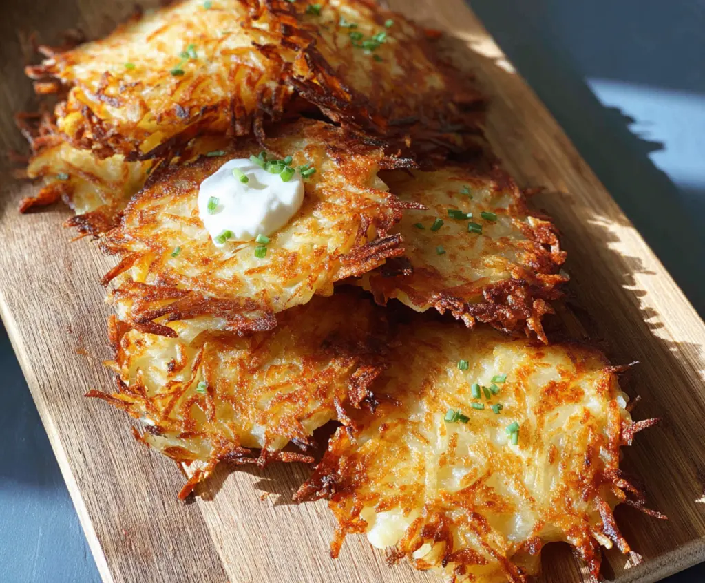 Healthy low calorie crispy hashbrowns served on a plate with fresh herbs.