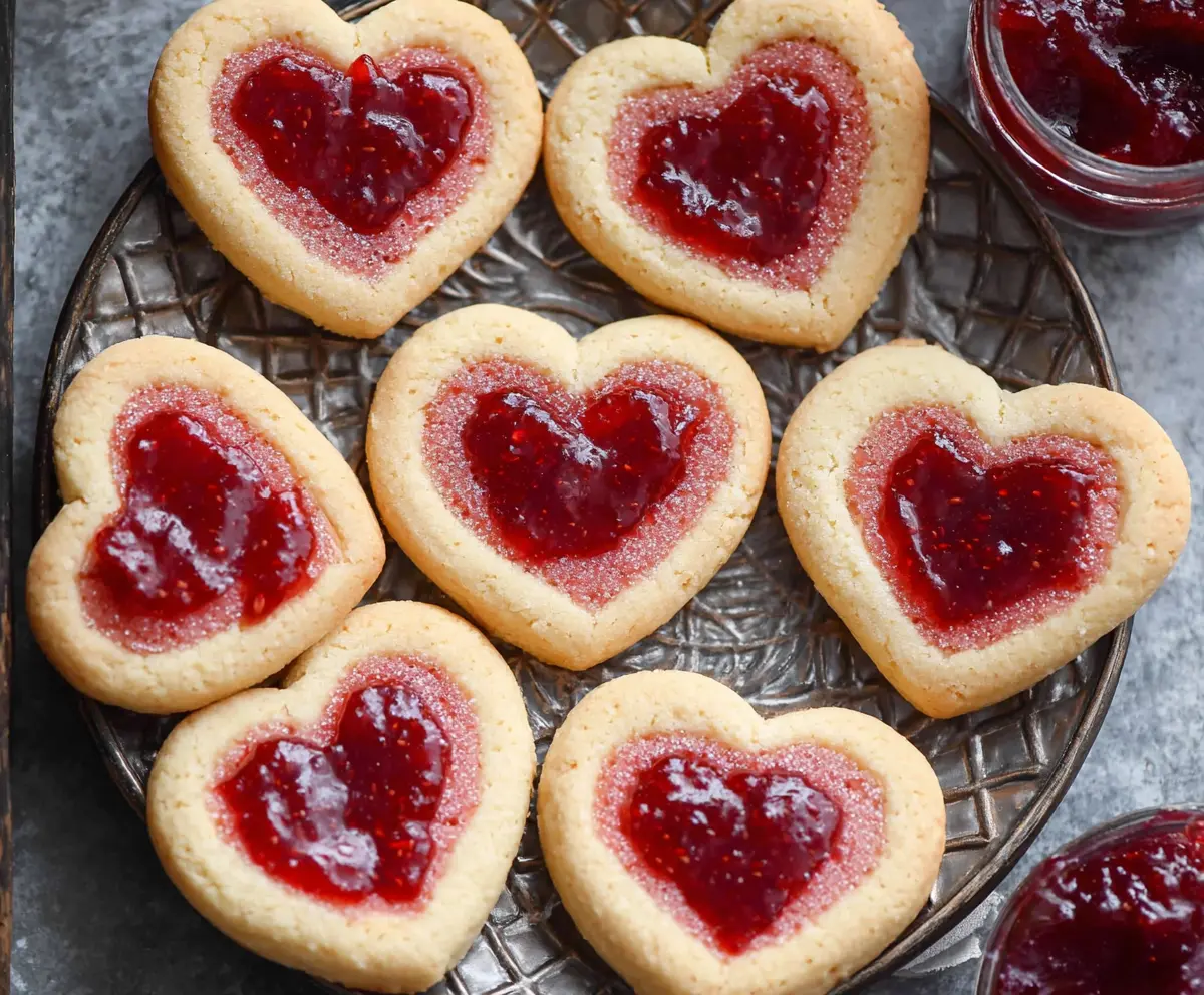 Valentine's Day cookies decorated with heart-shaped jam filling and sweet icing for a romantic treat.