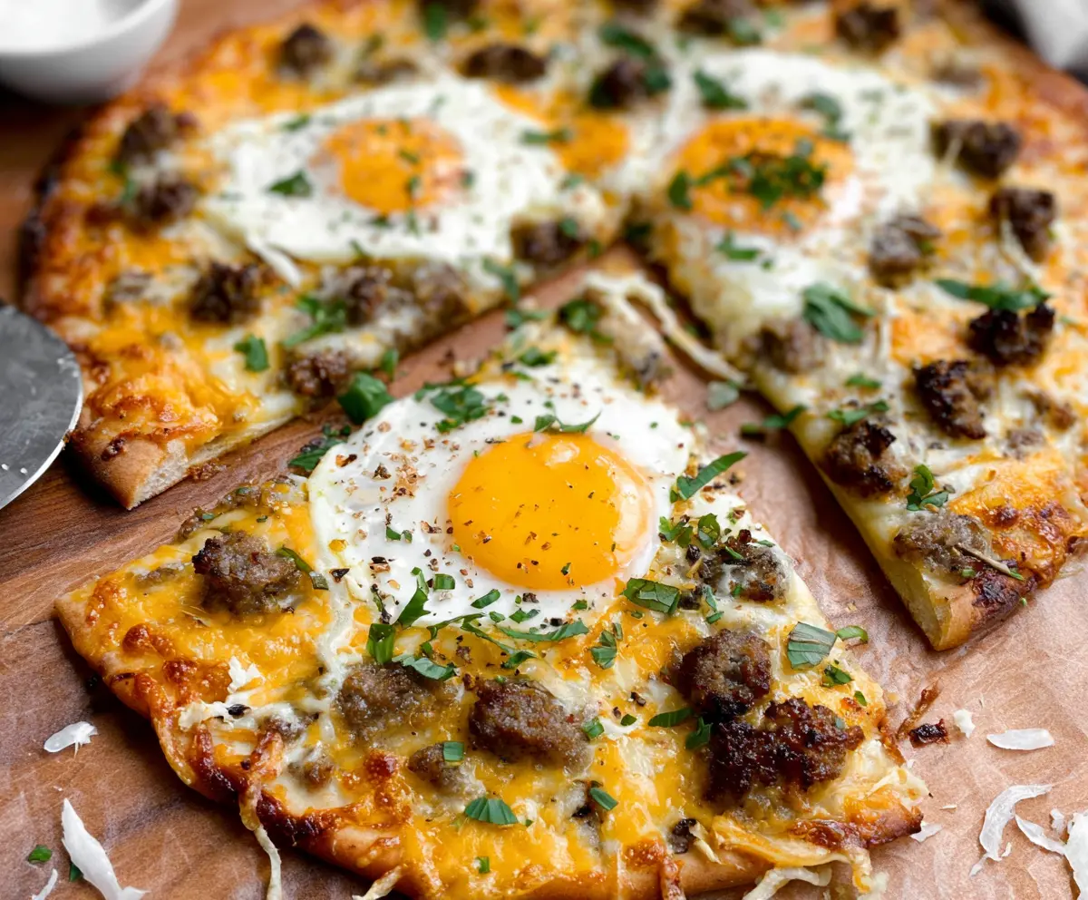 Delicious high protein sausage and egg breakfast pizza on a cutting board.