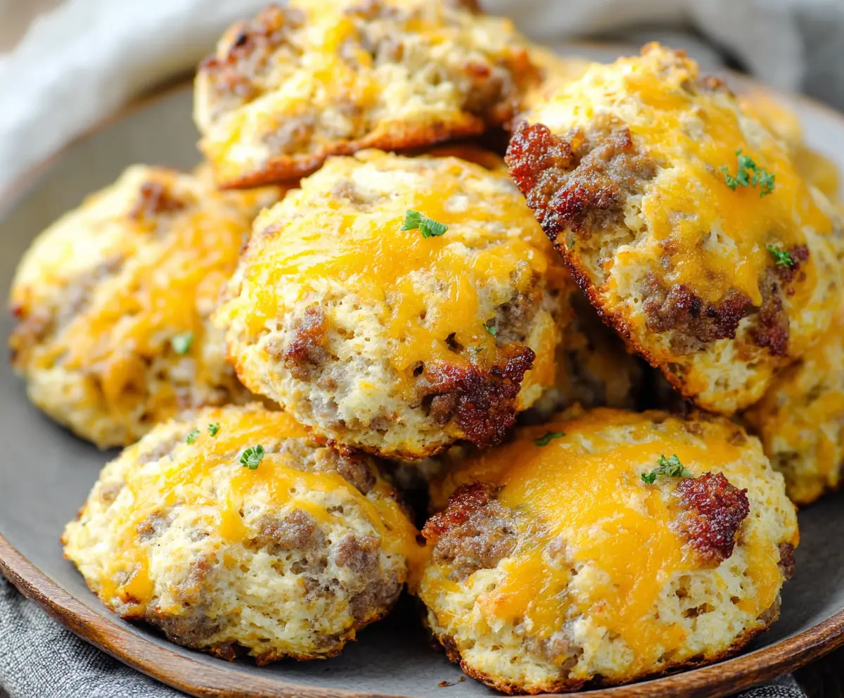 Delicious keto sausage and cheese biscuits plated for breakfast, showcasing golden browned edges and cheesy filling.