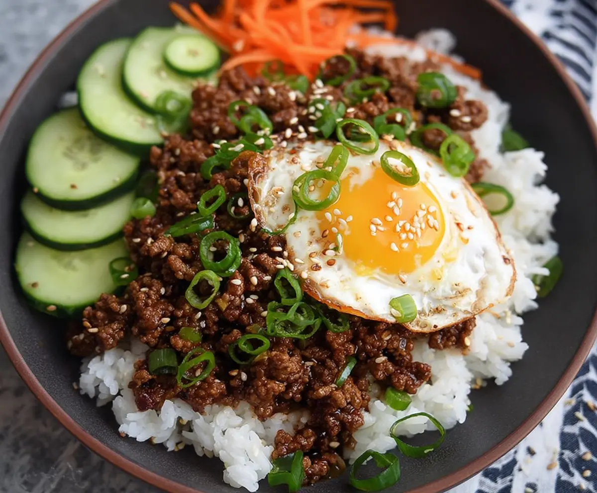 Delicious Korean Ground Beef Bowl served with sautéed vegetables and rice